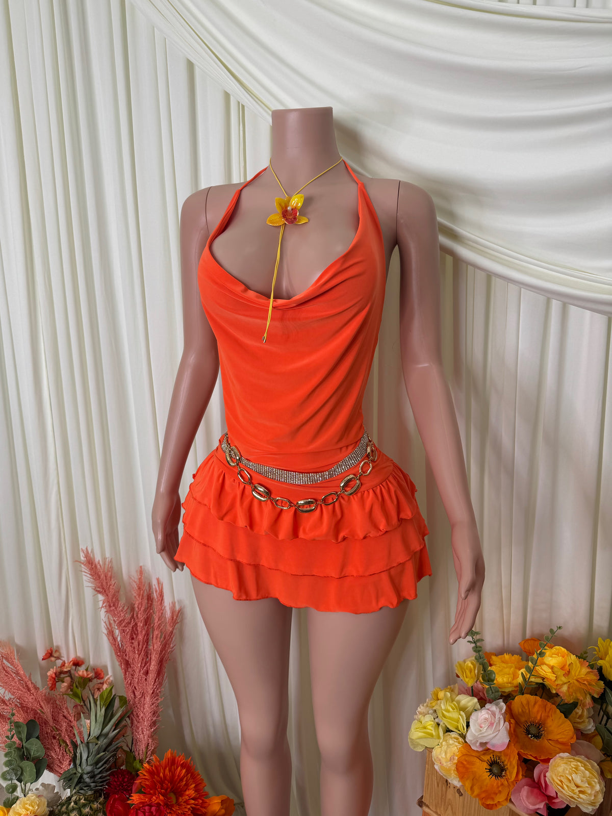 TU PERFUME HALTER ROMPER DRESS (ORANGE)
