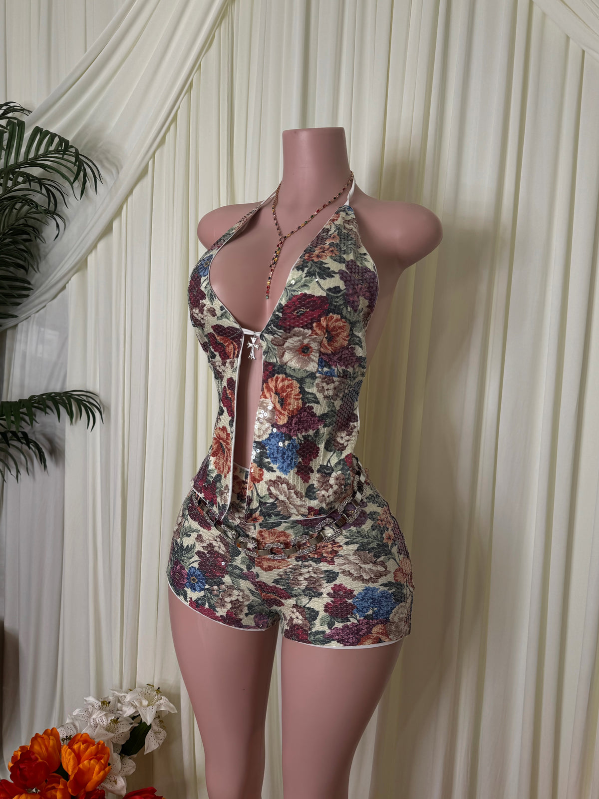 SEQUIN FLORAL SHORT SET