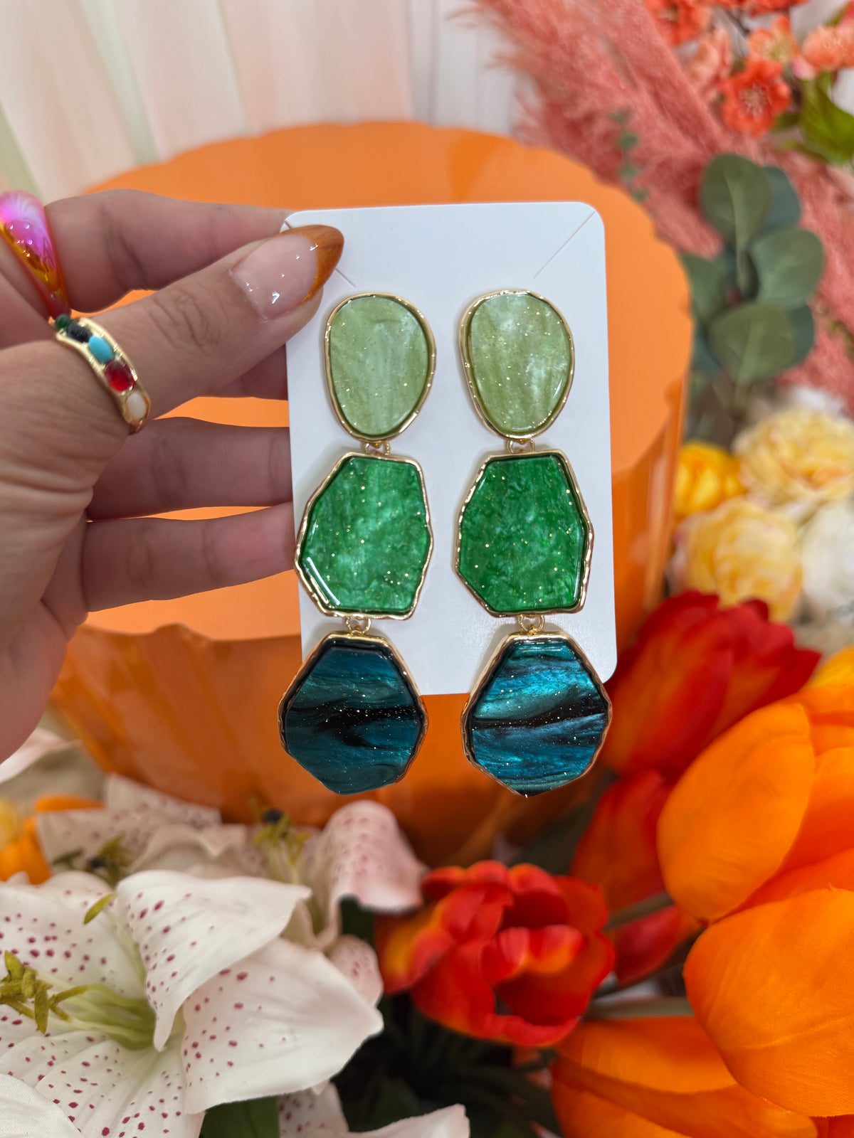 MULTI GREEN MARBLE EARRINGS